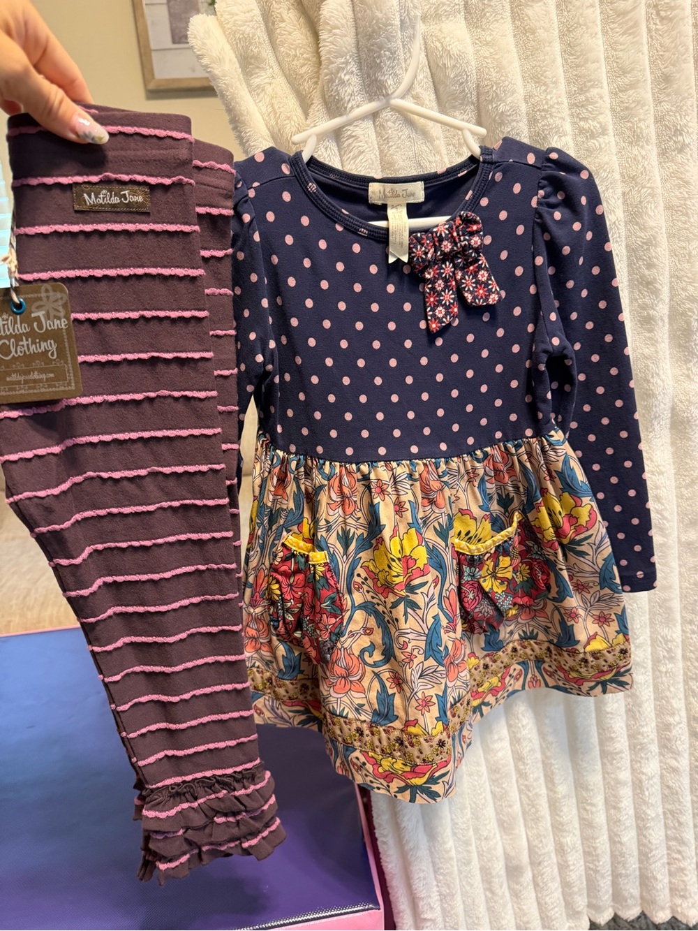 Matilda Jane Navy Pink Polka Dot Floral Dress with Purple Pink Striped Leggings